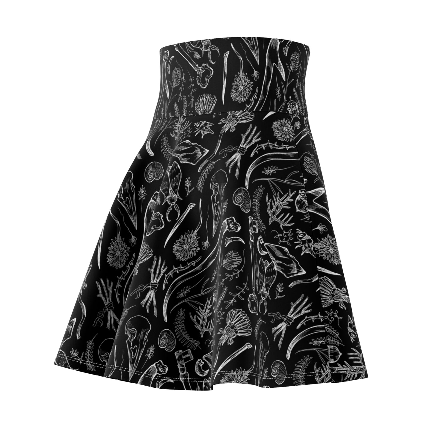 Black Floral Skater Skirt — Monochrome Botanical Pattern
