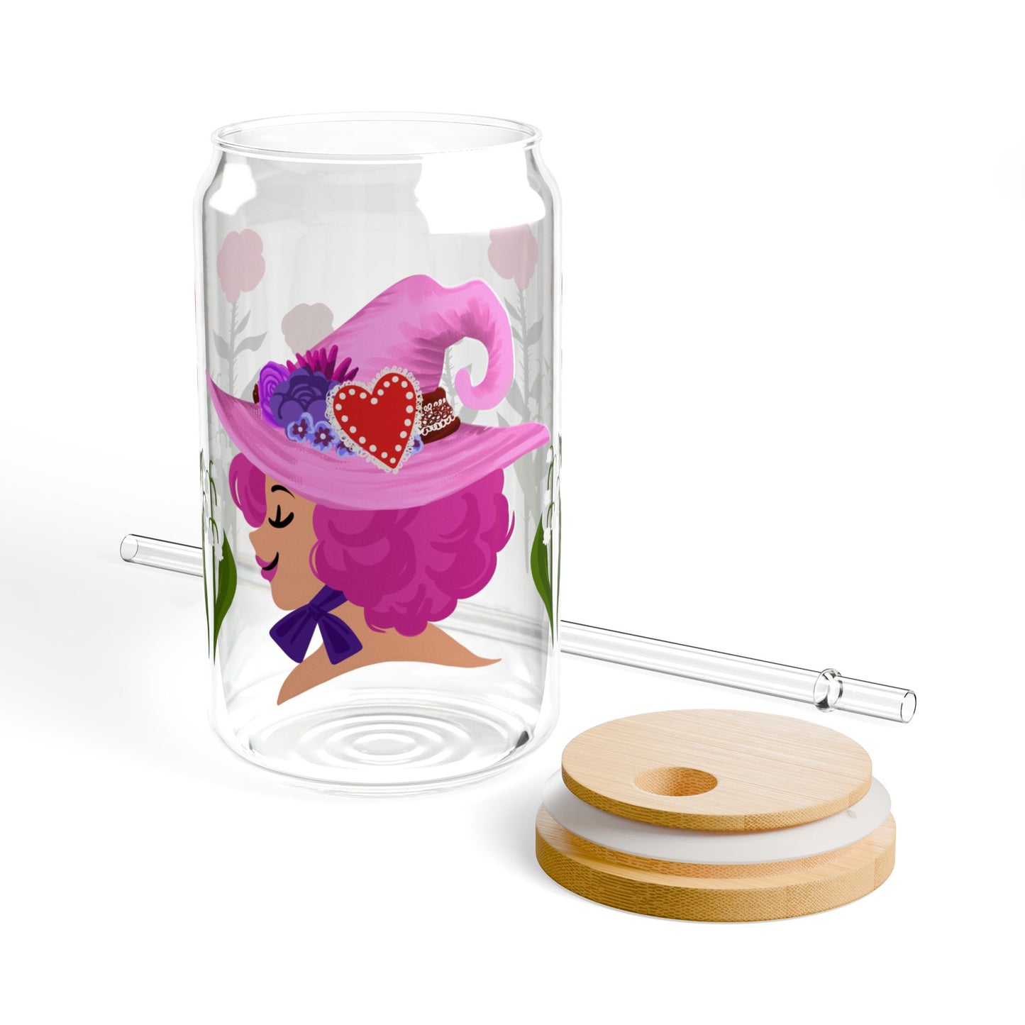 LOVE WITCH 16oz Glass Sipper Cup — Pink Witch with Roses Straw Tumbler