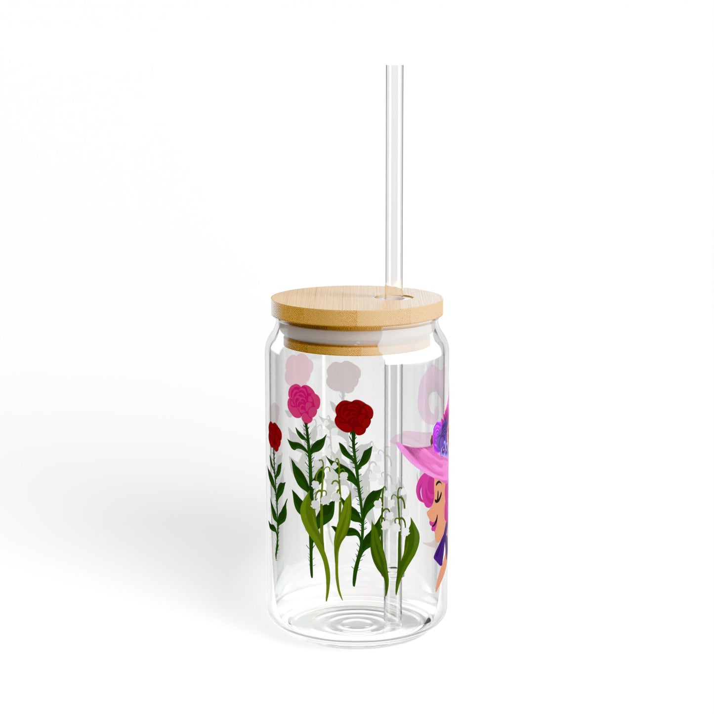 LOVE WITCH 16oz Glass Sipper Cup — Pink Witch with Roses Straw Tumbler