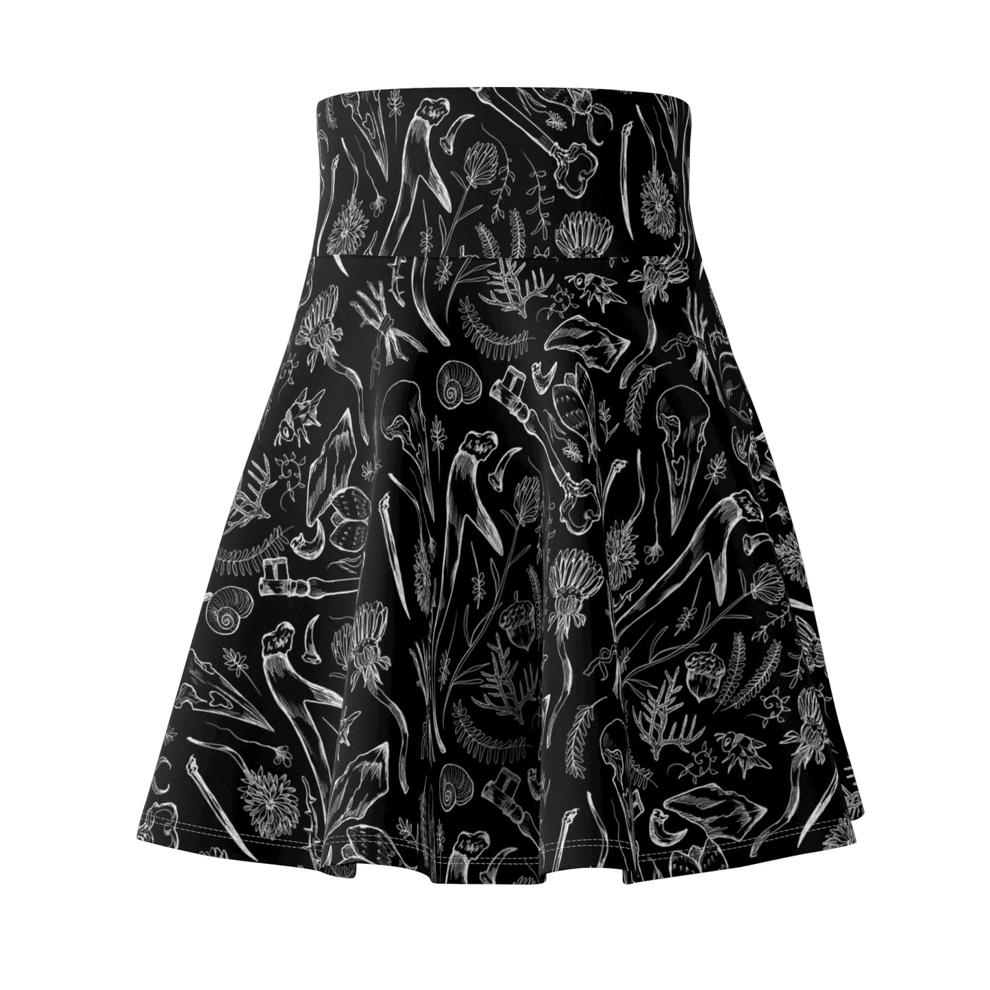 Black Floral Skater Skirt — Monochrome Botanical Pattern