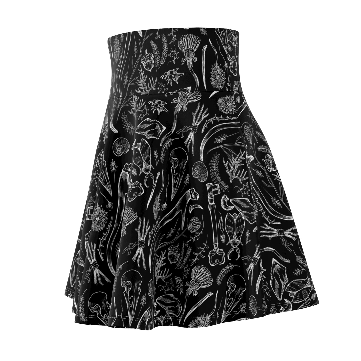 Black Floral Skater Skirt — Monochrome Botanical Pattern