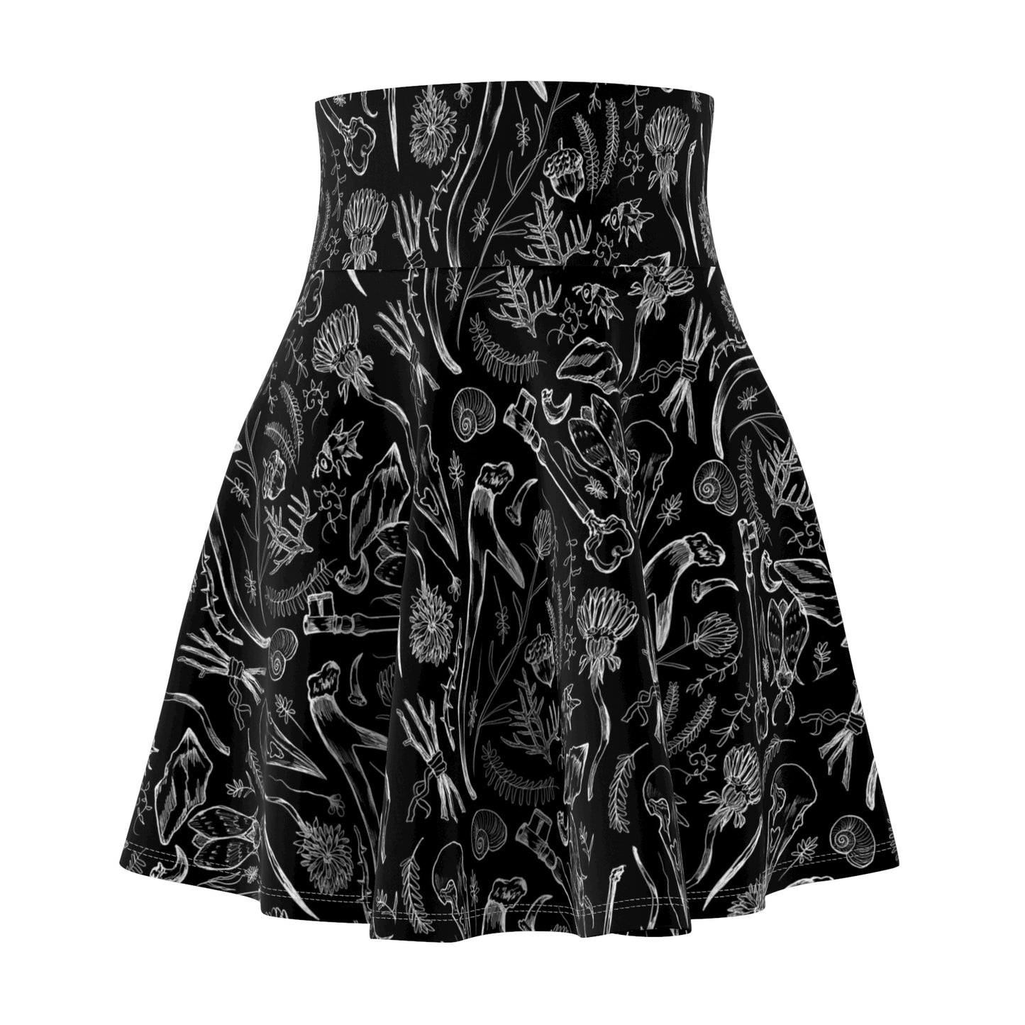 Black Floral Skater Skirt — Monochrome Botanical Pattern